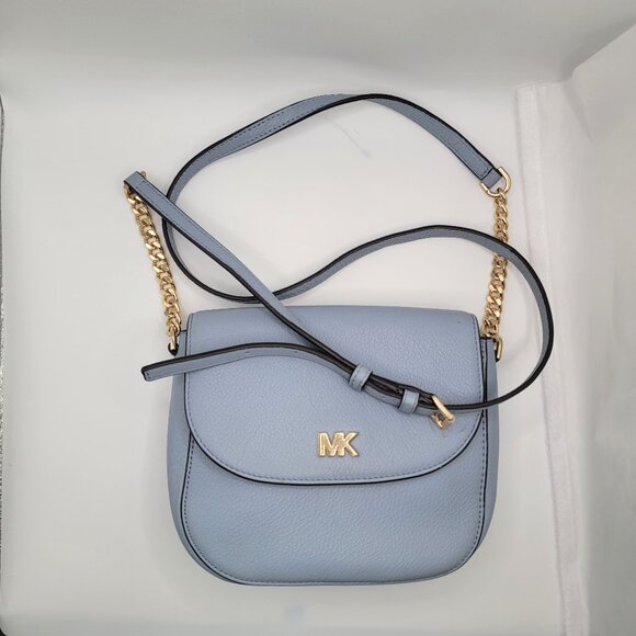 Michael Kors Pebbled Leather Half Dome Crossbody Bag Blue Gold Chain Strap - Picture 2 of 13